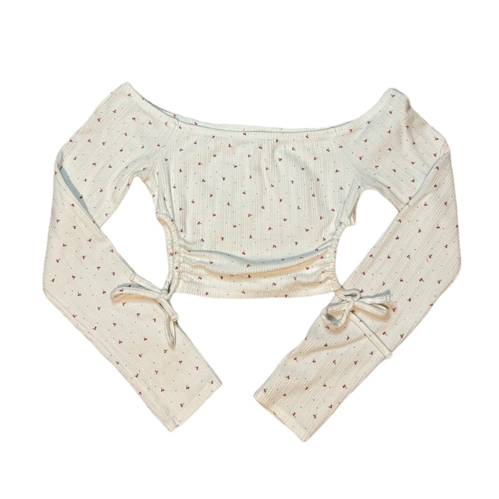 Bershka Cherry Long Sleeve Runched Crop Top